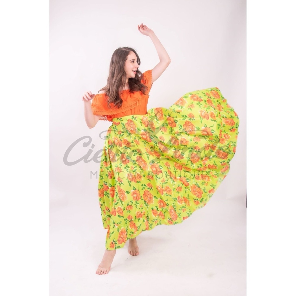 Mexican Folklorico Lime Green Floral Un Vuelo Skirt